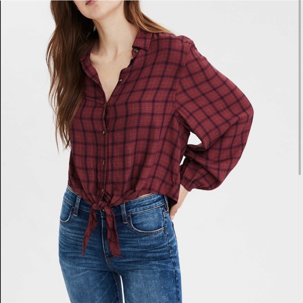 NWT AE Tie Front Plaid Shirt